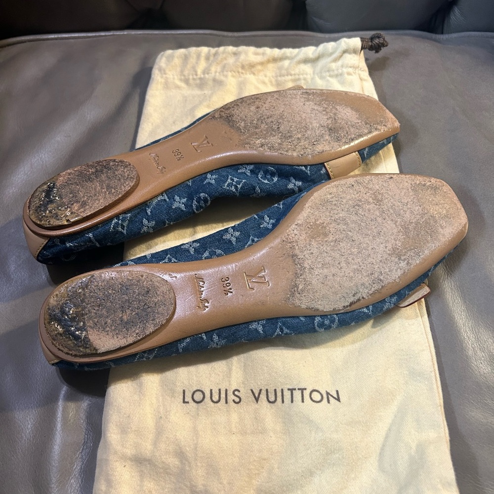 Louis Vuitton Blue Monogram Denim Ballet Flats with Beige Leather Buckle - Picture 8 of 14